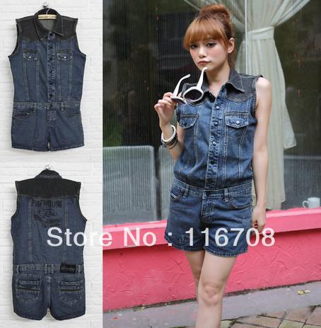 2013 fashion women's single breasted color block decoration turn-down collar sleeveless denim one piece shorts jumpsuit js-002