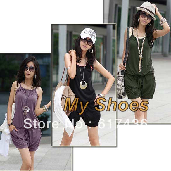 2013 Fashion Women Sleeveless Romper Strap Short Jumpsuit Scoop 3 Colors White, Black,Purple free shipping 3168