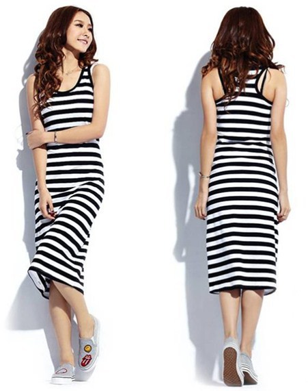 2013 Fashion Womens Sexy Sleeveless Long Dresses Summer&Spring Striped Mid-Calf Maxi Dress  Size M L XL Free Shipping (1029)