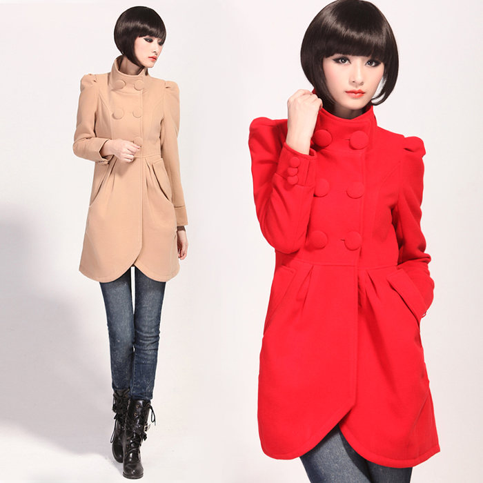2013 Fashion woolen outerwear coat women double breasted trench woman casual puff sleeve stand collar overcoat black red camel