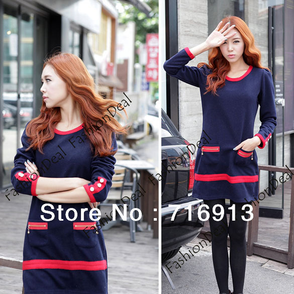 2013 Fashion  Zipper Decoration Long Sleeve Crew-neck Knitting Winter Women's Dress Mini Skirt Free Shipping9414