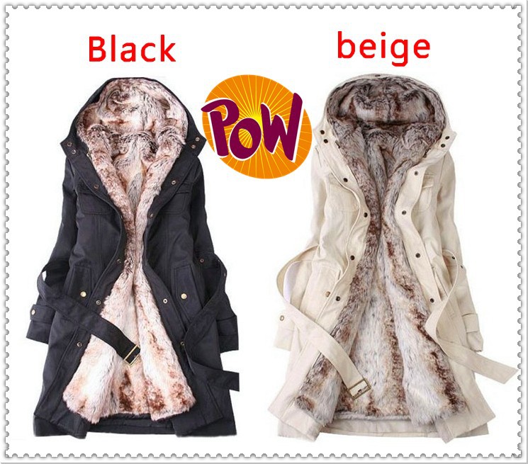 2013 Faux fur lining women's winter warm long fur coat jacket clothes wholesale Free Shipping Size S M L XL XXL Black Beige