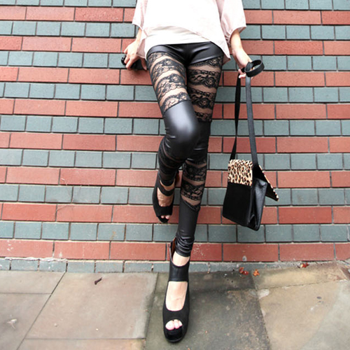 2013 faux leather cloth lace patchwork personalized ankle length legging skinny pants