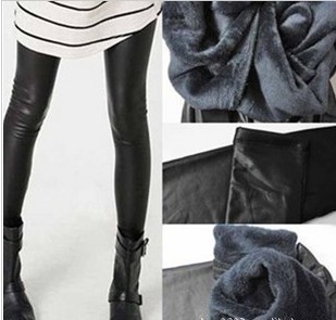 2013 faux leather elastic plus velvet thickening legging thermal ankle length trousers