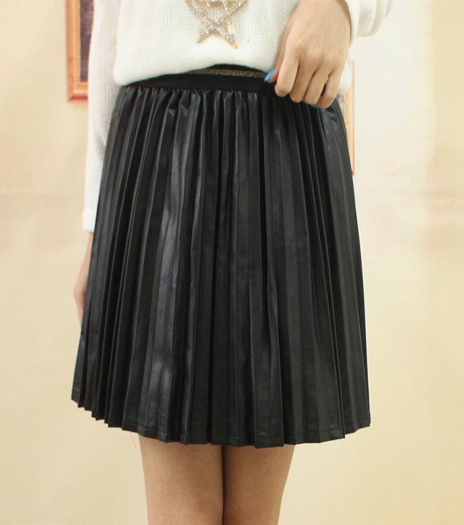 2013 faux leather high waist pleated skirt leather skirt all-match vintage formal female bust skirt 2115
