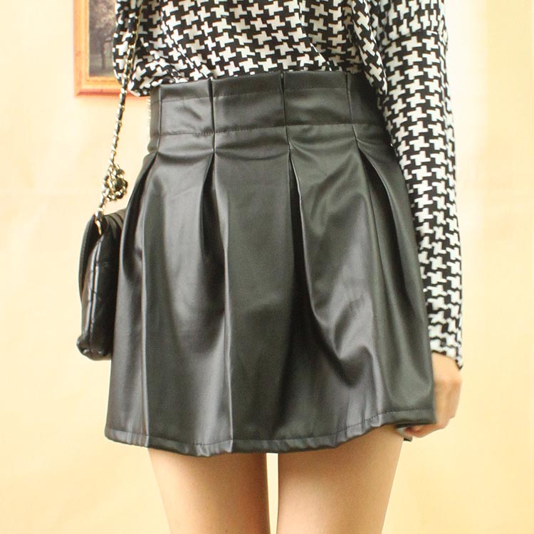 2013 faux leather high waist pleated skirt puff skirt expansion skirt leather skirt 2065