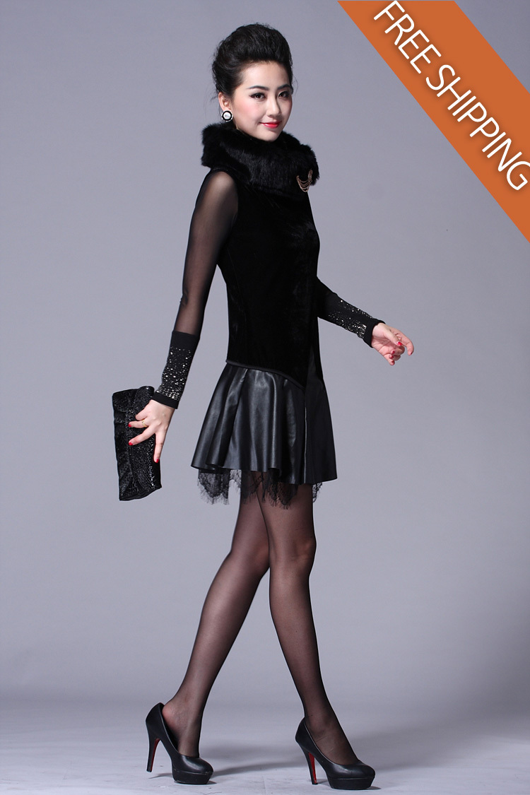 2013 FC-FN068 Rabbit Hair Patched Neck Europe Fashion Tank Dress High Quality lace Leather