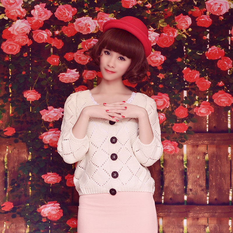 2013 female 7 o-neck loose single breasted beige knitted sweater cardigan