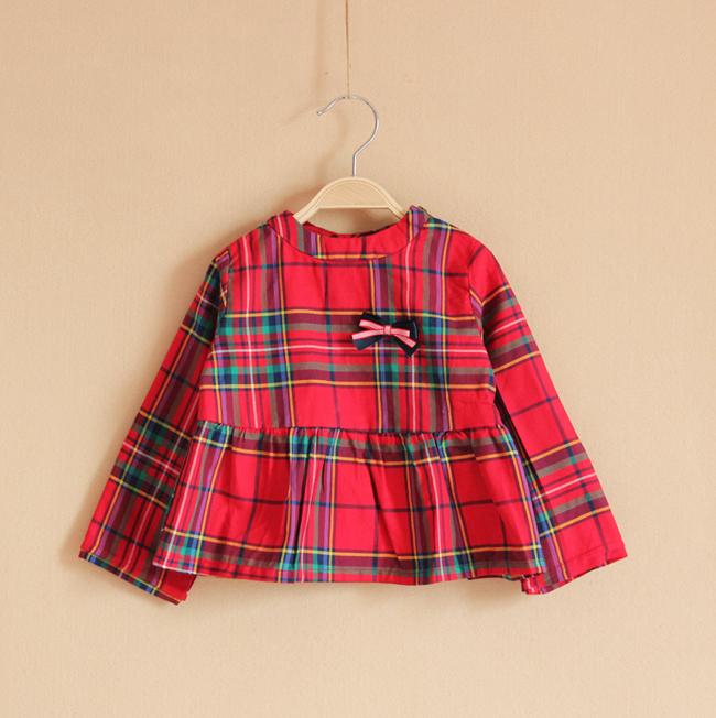 2013 female child baby plaid long-sleeve  cute shirt top preppy style