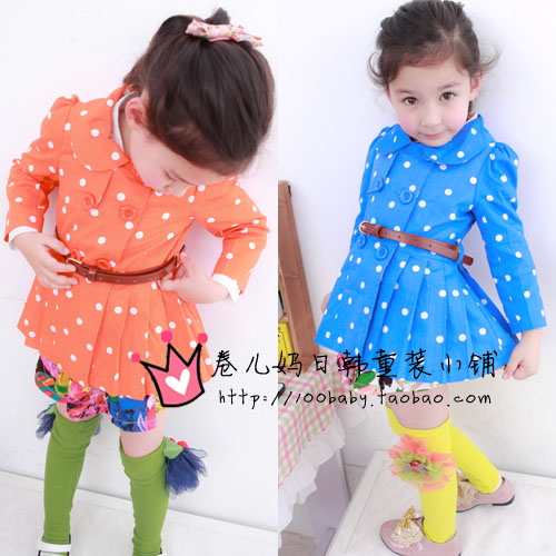 2013 female child spring polka dot 100% cotton double breasted trench small skirt send strap 2