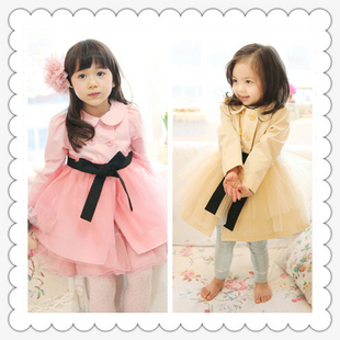 2013 female child trench outerwear children's clothing spring female child bow waist tulle dress overcoat outerwear