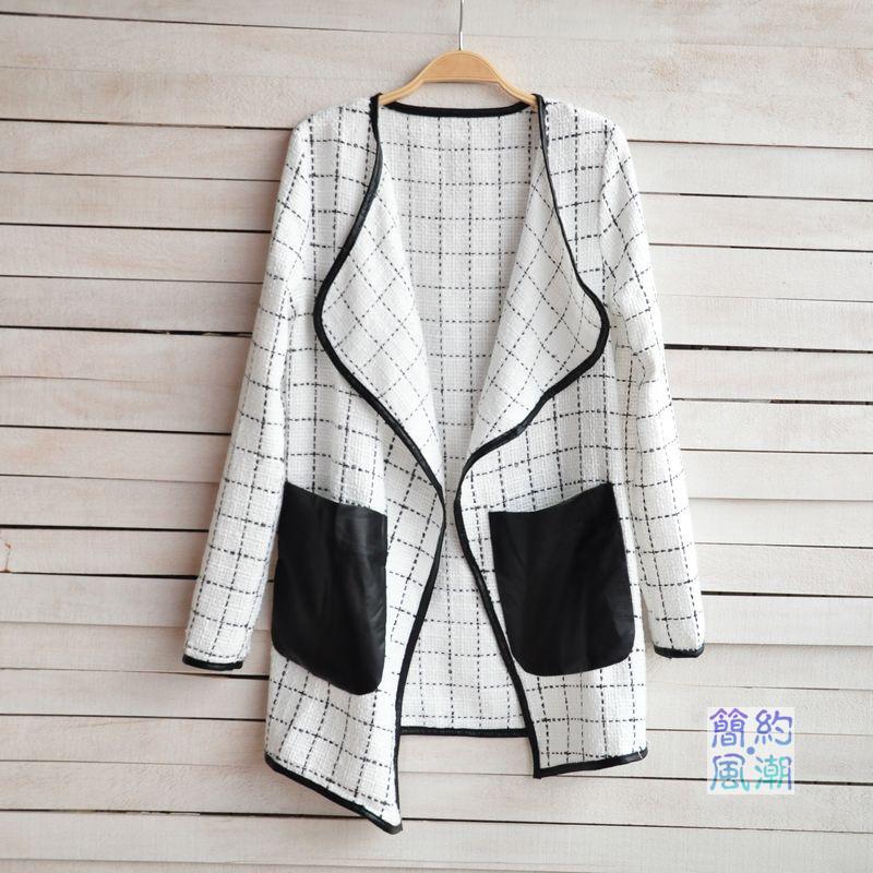 2013 female fashion plaid patchwork leather pocket outerwear