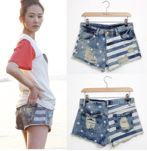 2013 female fashionable casual distrressed stripe flag print shorts denim shorts Free shipping