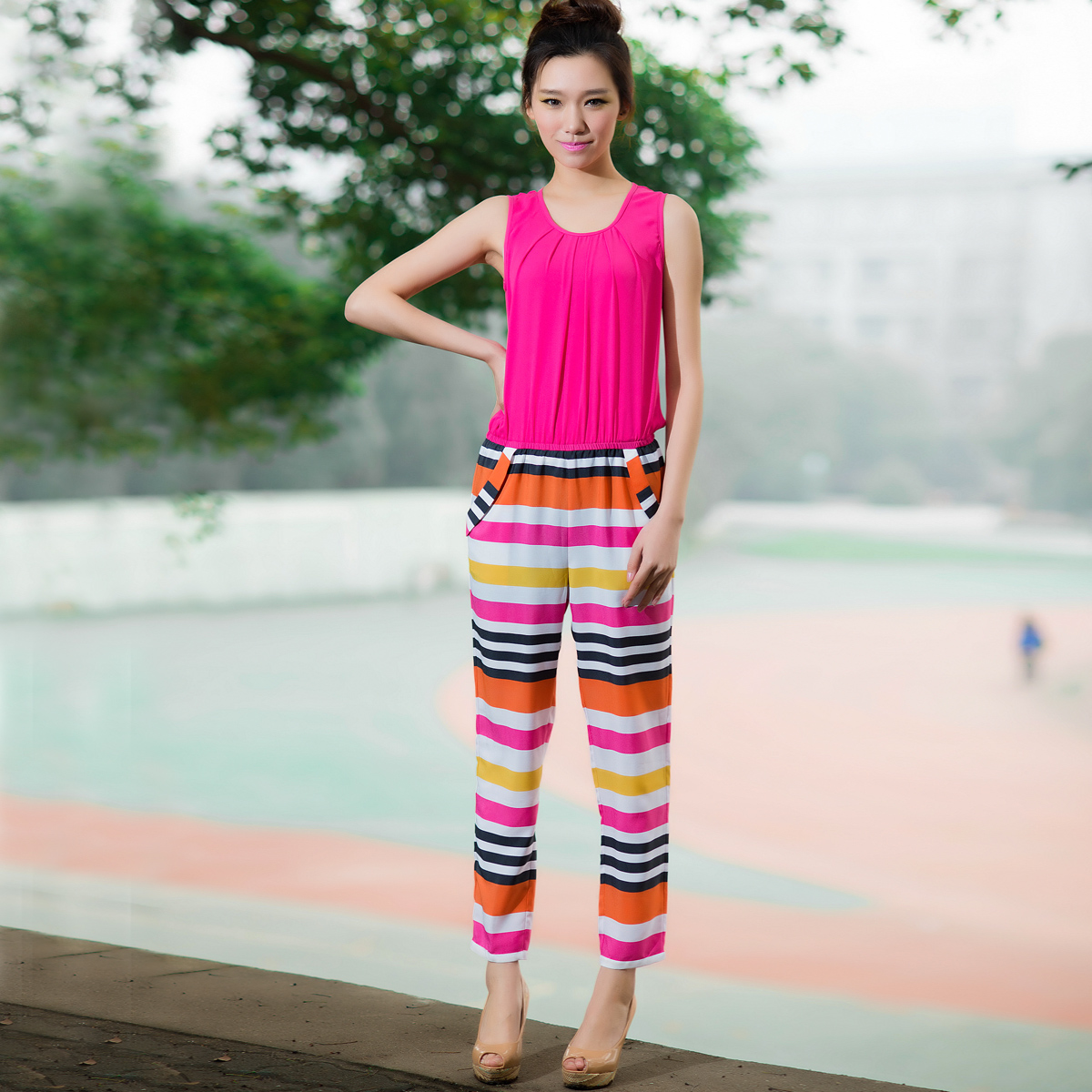 2013 female patchwork color stripe chiffon vest jumpsuit , two color, three size, free shipping
