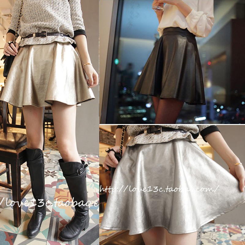 2013 female quality metal fashion leather short skirt high waist a-line skirt half-length leather skirt puff skirt umbels skirt