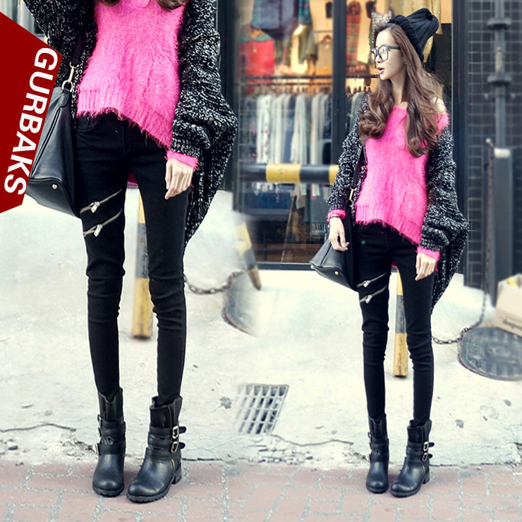 2013 female spring black zipper jeans women's elastic skinny pants boot cut jeans