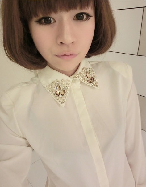 2013 female spring exquisite shoulder pads long-sleeve shirt basic shirt chiffon cotton shirt top