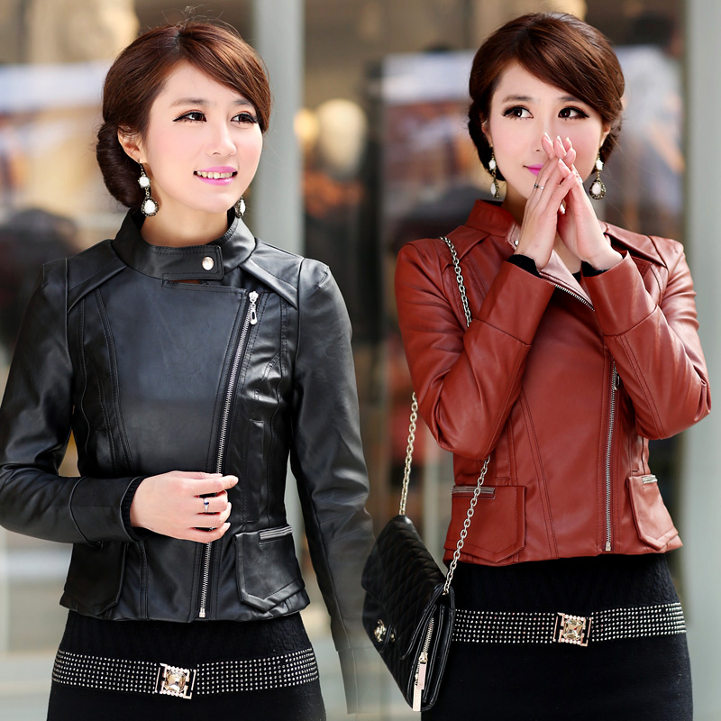2013 female stand collar short design all-match leopard print slim oblique zipper leather jacket motorcycle PU water washed