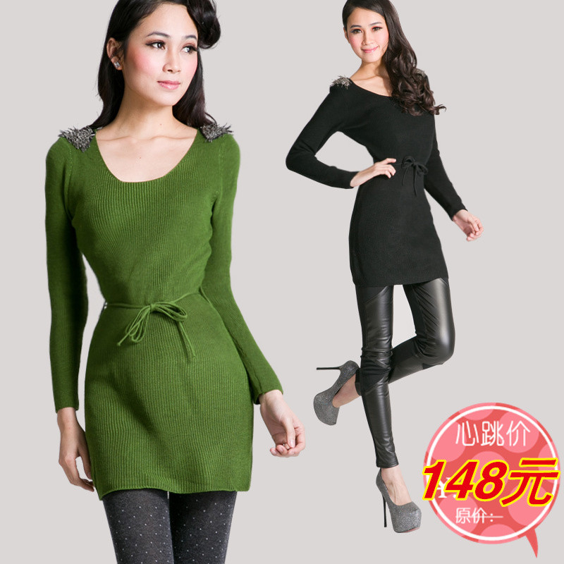 2013 female thickening sweater punk beaded epaulette all-match slim medium-long