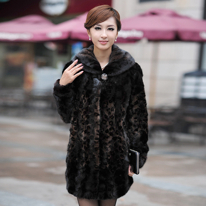 2013 fight mink fur coat dark gray with brown leopad long women's genuine mink fur overcoat ems free shipping good quality