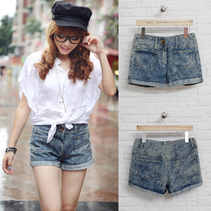 2013 finishing vintage retro high waist denim shorts loose women's jeans