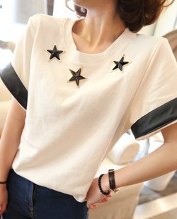 2013 five-pointed star cuff leather roll up hem short-sleeve t female t top