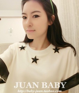 2013 five-pointed star cuff leather roll up hem short-sleeve t Free Shipping