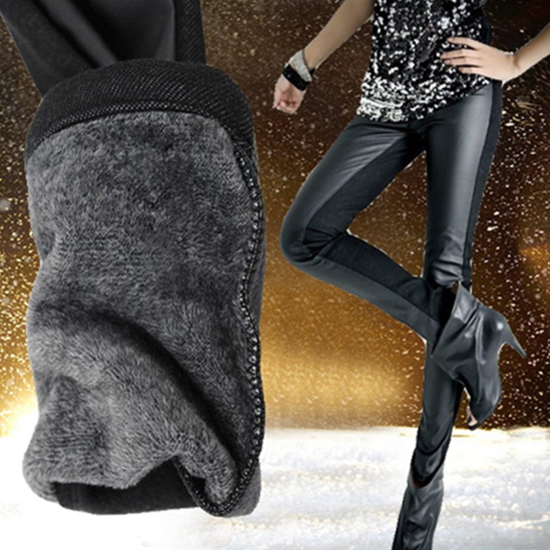 2013 fleece thickening patchwork leather pants PU elastic high waist legging plus size clothing