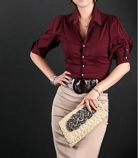 2013 formal women's spring set Wine red shirt khaki skirt strap
