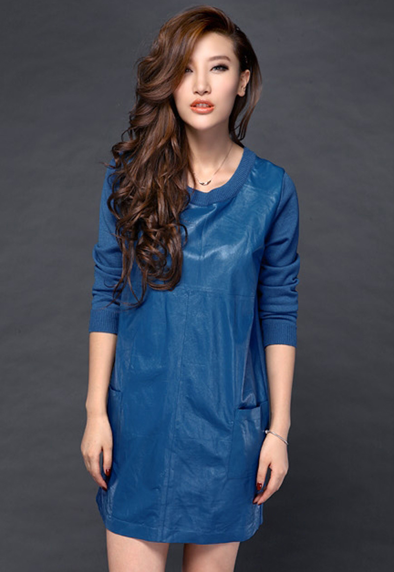 2013 free ship 2013 spring knitted one-piece dress pullover sheep wool knitted genuine leather basic skirt one-piece dress