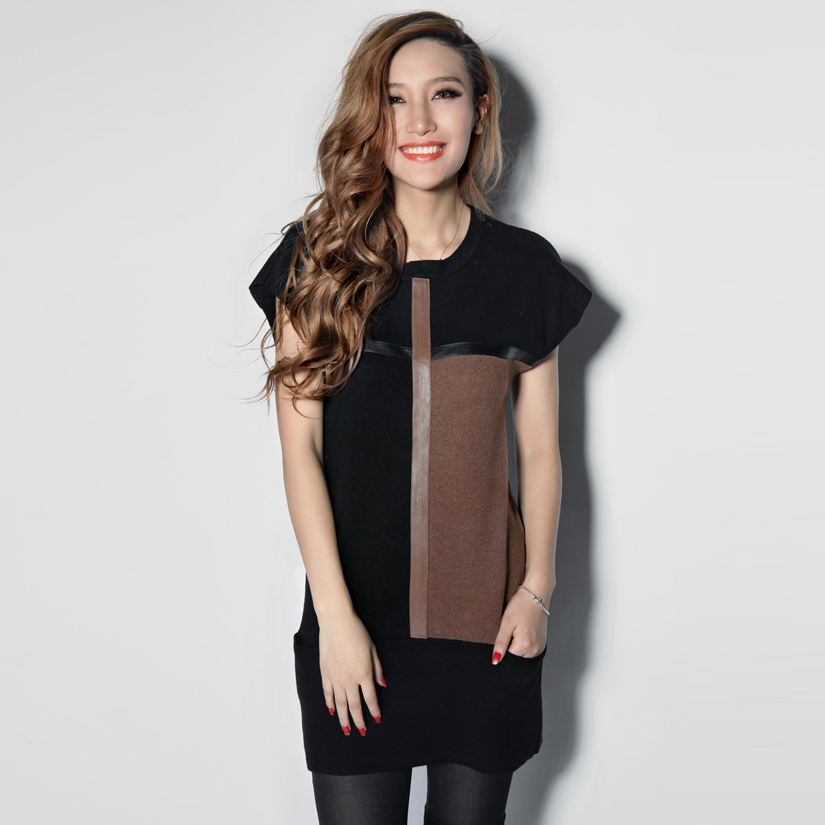2013 free ship Fashion normic geometry puzzle genuine leather decoration short-sleeve knitted one-piece dress 2013 spring