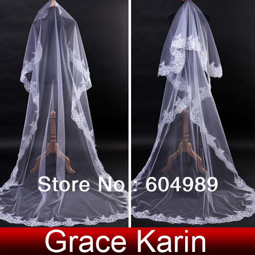 2013 Free Shipping 1pc Grace Karin Long 2.7M Bride Bridal Wedding Cathedral Lace Edge Veil CL2643