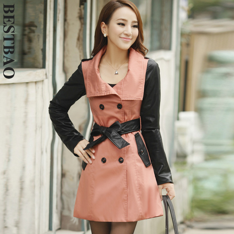 2013 free shipping 2824 wowed stand collar color block decoration trench double breasted lacing PU patchwork bestbao female