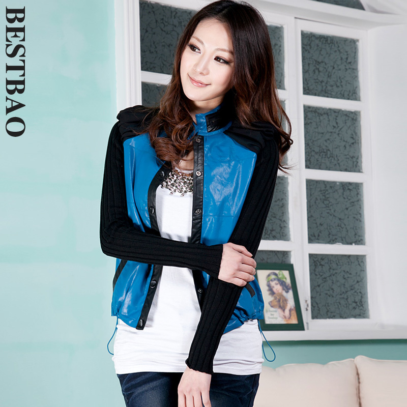 2013 free shipping 2859 fashion smarten color block decoration leather clothing chiffon puff sleeve drawstring sweep bestbao