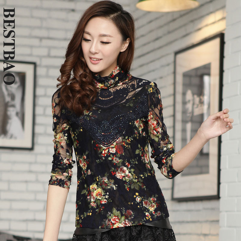 2013 free shipping 3102 fashion print lace shirt sexy lace cutout bling rhinestones bestbao