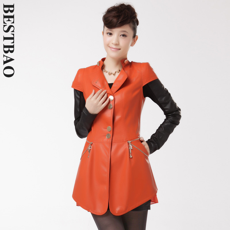 2013 free shipping 3276 slim short-sleeve medium-long leather clothing single breasted chiffon patchwork bestbao female