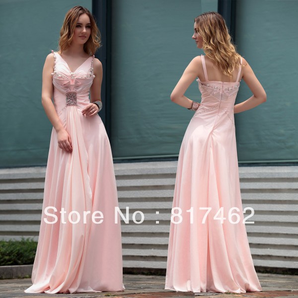2013 Free Shipping A-Line V-Neck Off the Shoulder Beaded Pink Beaded Graduation Dress