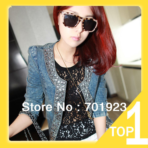 2013 Free shipping and Drop shoping women round neck denim patchwork outwear short jeans coat Y7027
