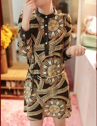 2013 free shipping and hot sale  Spell leather printing color sets loose long-sleeved chiffon dress color clock