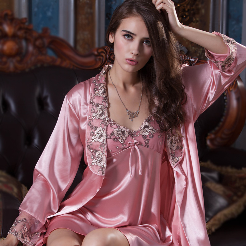 2013 free shipping Autumn and winter female faux silk spaghetti strap sexy lace nightgown robe twinset sleepwear lounge set