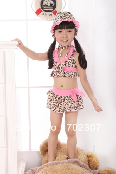 2013 free shipping children Leopard swimwear set girl split bikini 3pcs set  beachwear/kid's swimwear/fashion 5set/lot GS004