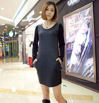 2013 Free Shipping Cotton Patchwork Faux Leather Sweater Dress women Ladies Fashion Knitted Dress Casual Sweaters