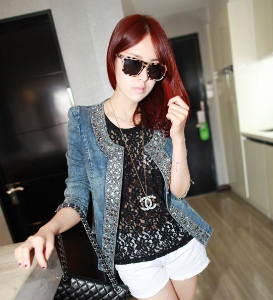 2013 Free Shipping Denim Clothings Patchwork Outwear short Jeans Coat Classical Women Fashion Jean rivets Jacket