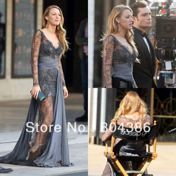 2013 Free shipping Designer Gossip Girl Blake Lively fashion Zuhair Murad Long Sleeves Lace Prom Dress Party Dress