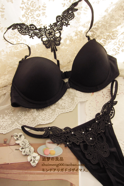 2013 free shipping Embroidery black . sexy embroidery y shoulder strap front button bra set temptation thong underwear set