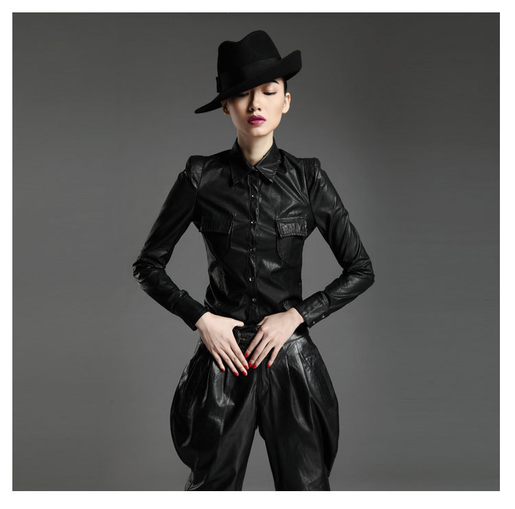 2013 free shipping Europe style fashionable  women PU blouse turn-down collar  black  long sleeves slim pu coat outwear