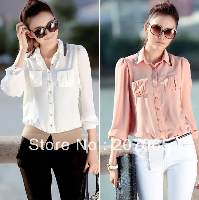 2013 free shipping fake pocket shoulder strap long sleeve women shirts,women blouses 2 colour size M,L