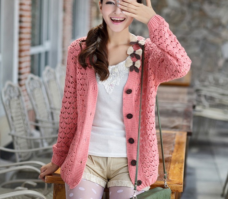 2013 Free shipping fashion loose hollow out bowknot  lovely knitted cardigan sweaters