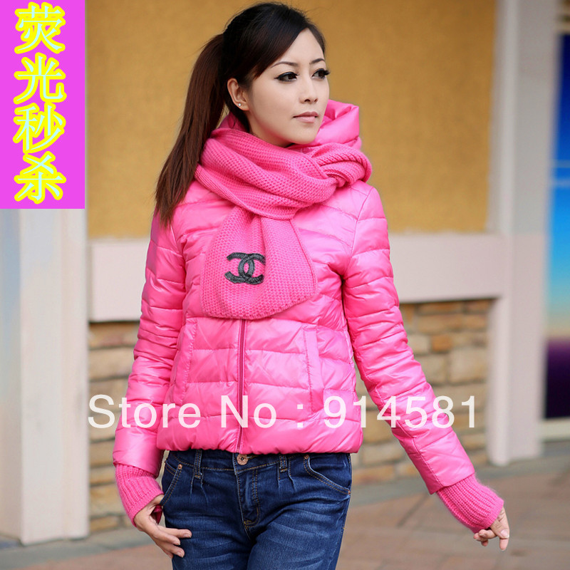 2013, free shipping,Fashion neon color short design women's winter princess with a hood scarf down coat,nice lady's jacket