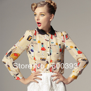 2013 Free shipping fashion spring print pattern peter pan collar slim silk shirts women's long-sleeve blouses